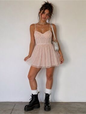Windsor Pink Y2K Rocker Babydoll Gold Polka Dot Mesh Tule Mini Dress Small NWOT